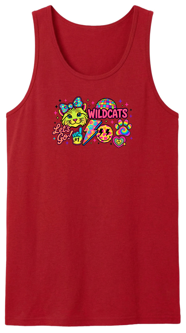 A red tank top with a colorful graphic design featuring a cartoon cat, a lightning bolt, and the text "Let's Go" along with a smiling face.