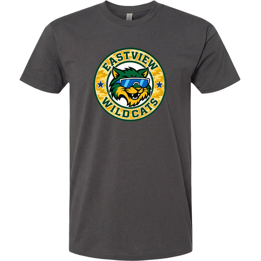 A gray t-shirt with a graphic design featuring a cartoon-style cat wearing sunglasses and the text "EASTVIEW WILDCATS" around it.