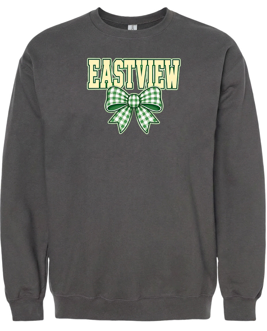A gray sweatshirt with a green and white bow on the front.