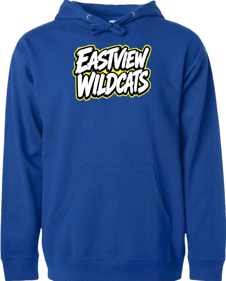 A blue hoodie with the text "Eastview Wildcats" printed on it.
