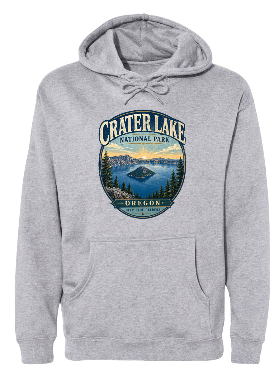 A gray hoodie with a graphic design depicting Crater Lake National Park in Oregon.