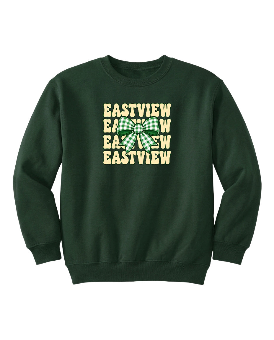 A dark green sweatshirt with a graphic design featuring the text "EASTVIEW" repeated in a pattern.