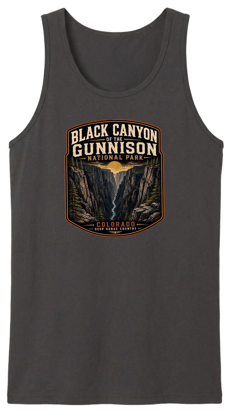 A gray tank top with a graphic design depicting the Black Canyon of the Gunnison National Park in Colorado.