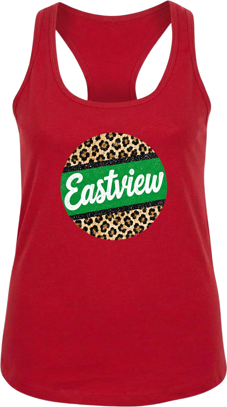 A red tank top with a leopard print design and the word "Eastview" printed on it.