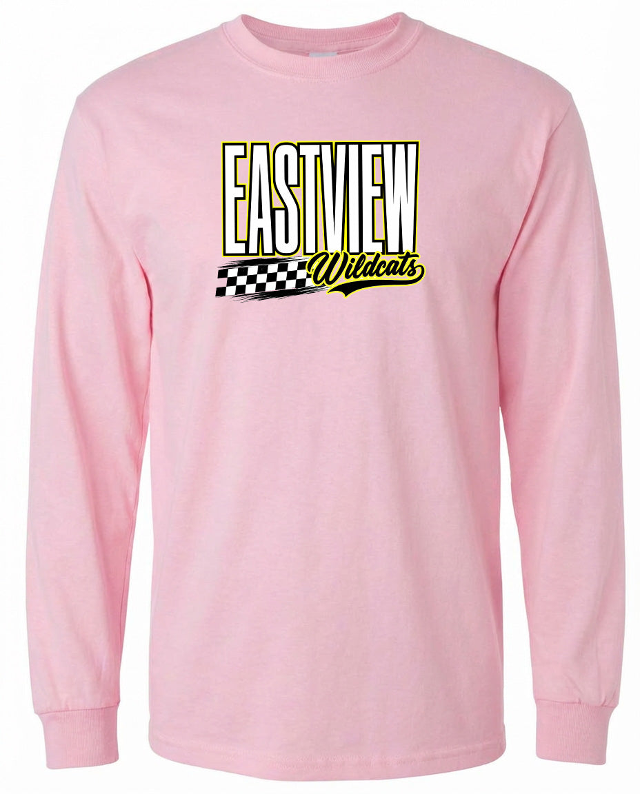 A pink long-sleeved t-shirt with a graphic design featuring the text "EASTVIEW Wildcats" in yellow and black.