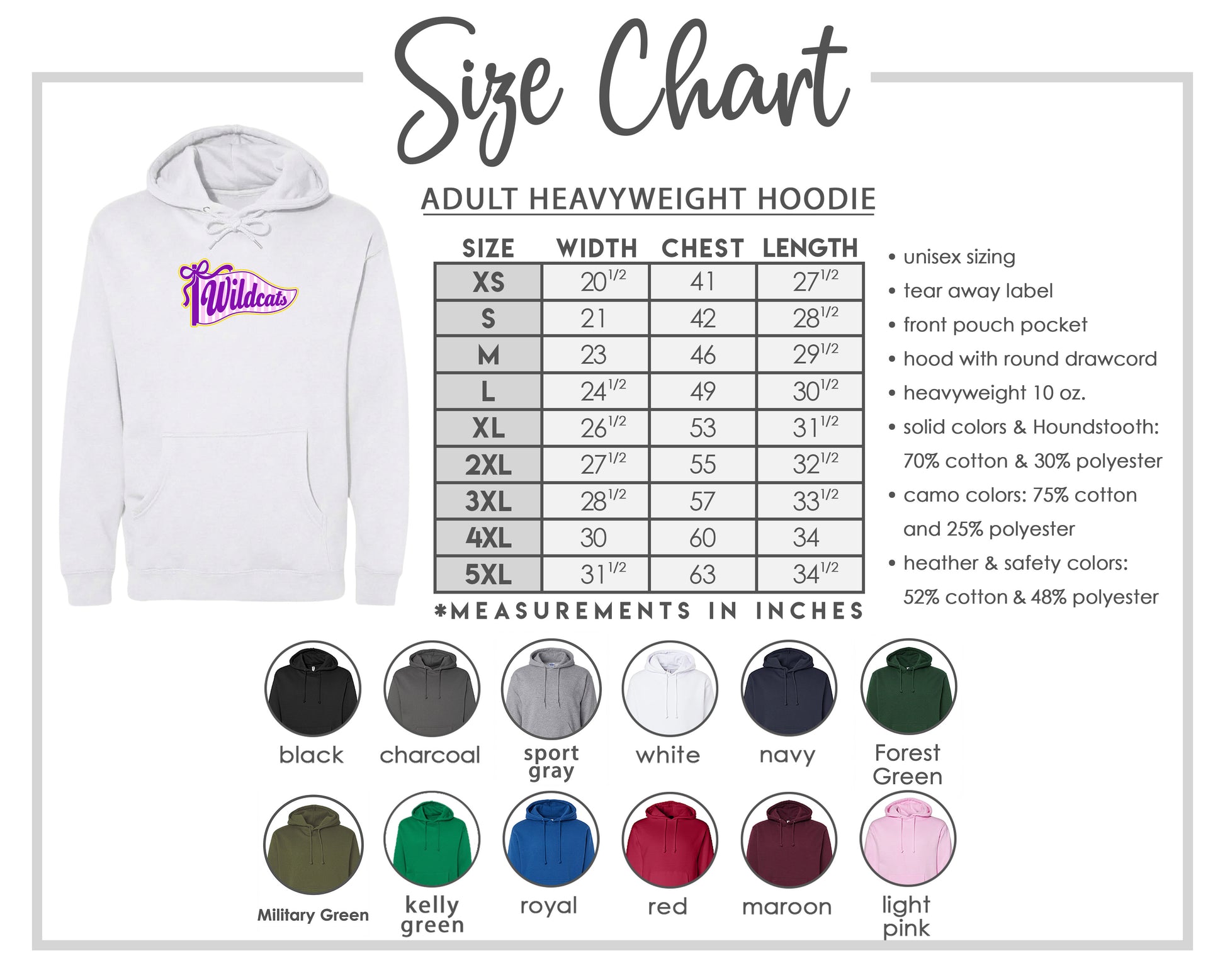 The image is a size chart for an adult heavyweight hoodie, including various color options and measurements in inches.