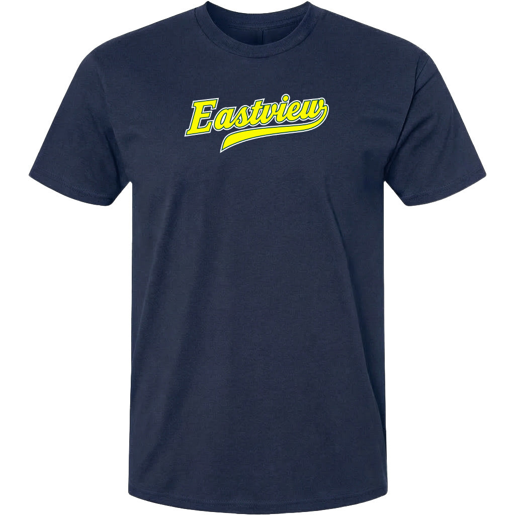A navy blue t-shirt with the word "Eastview" printed in yellow on the front.