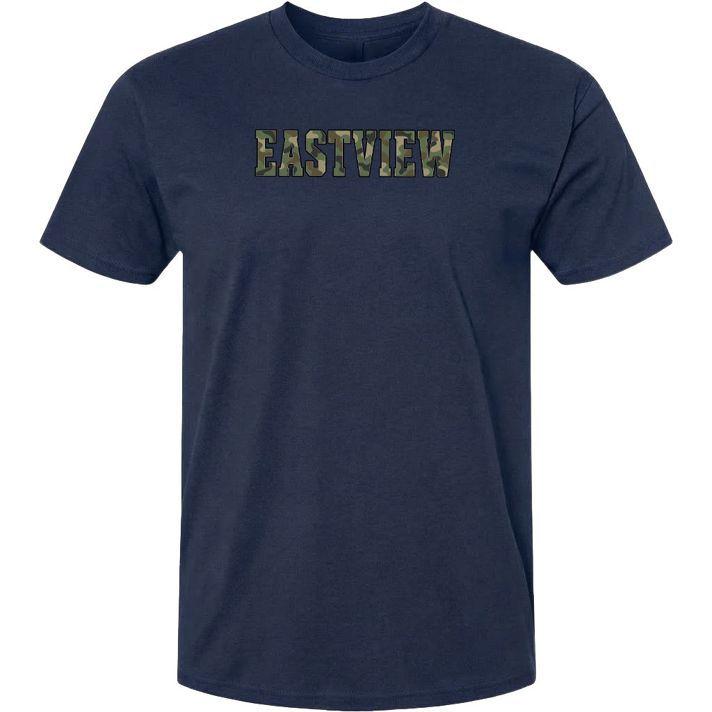 A navy blue t-shirt with the word "EASTVIEW" printed on it in a camouflage pattern.
