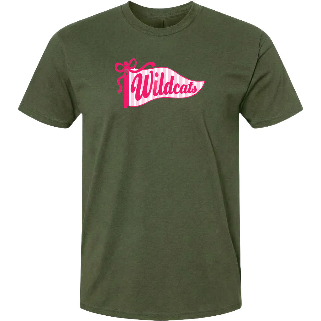 A green t-shirt with a pink and white banner that says "Wildcats" printed on it.
