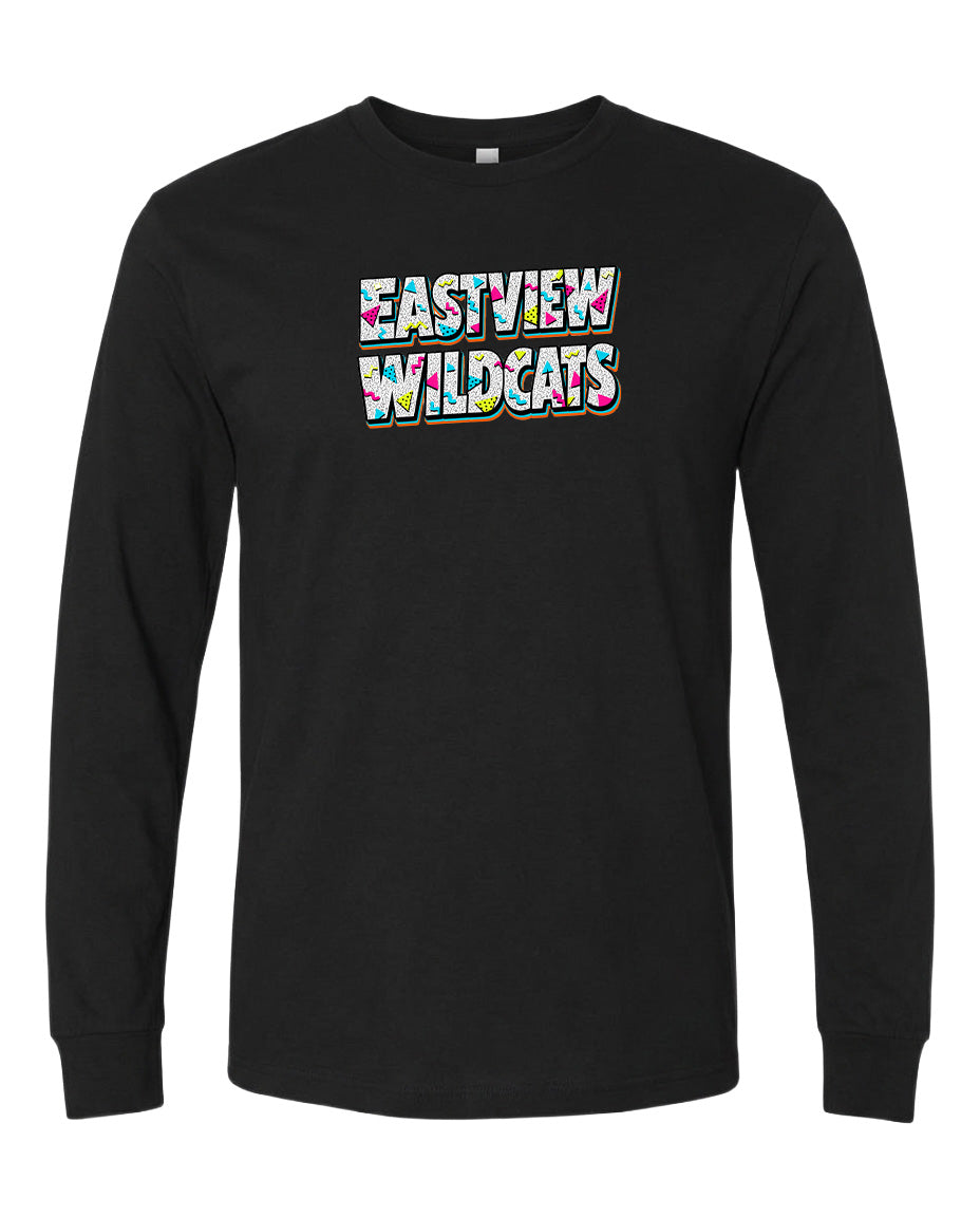 A black long-sleeved t-shirt with the text "EASTVIEW WILDCATS" printed on it in a colorful, stylized font.