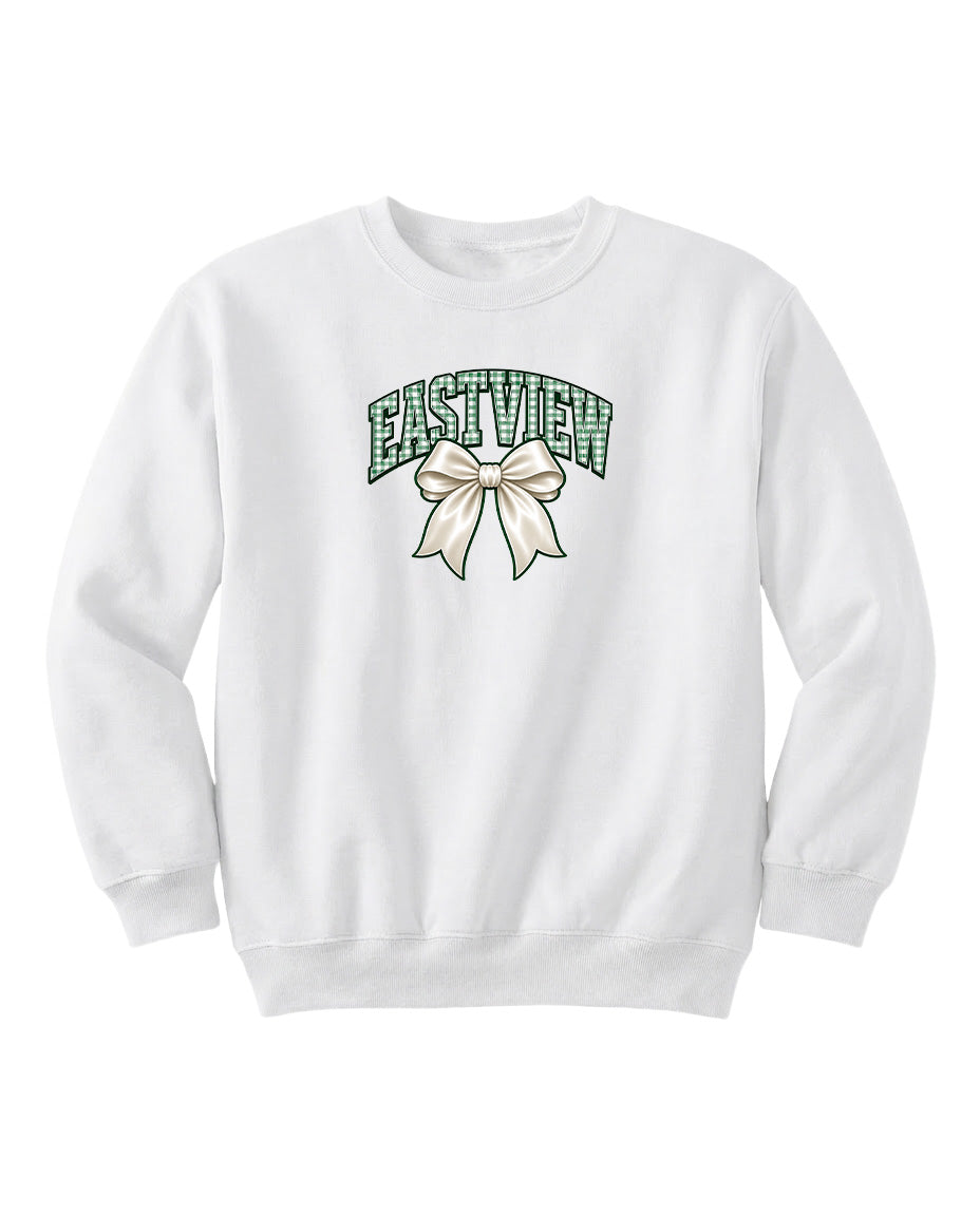 A white sweatshirt with a green bow and the word "EASTVIEW" printed on it.