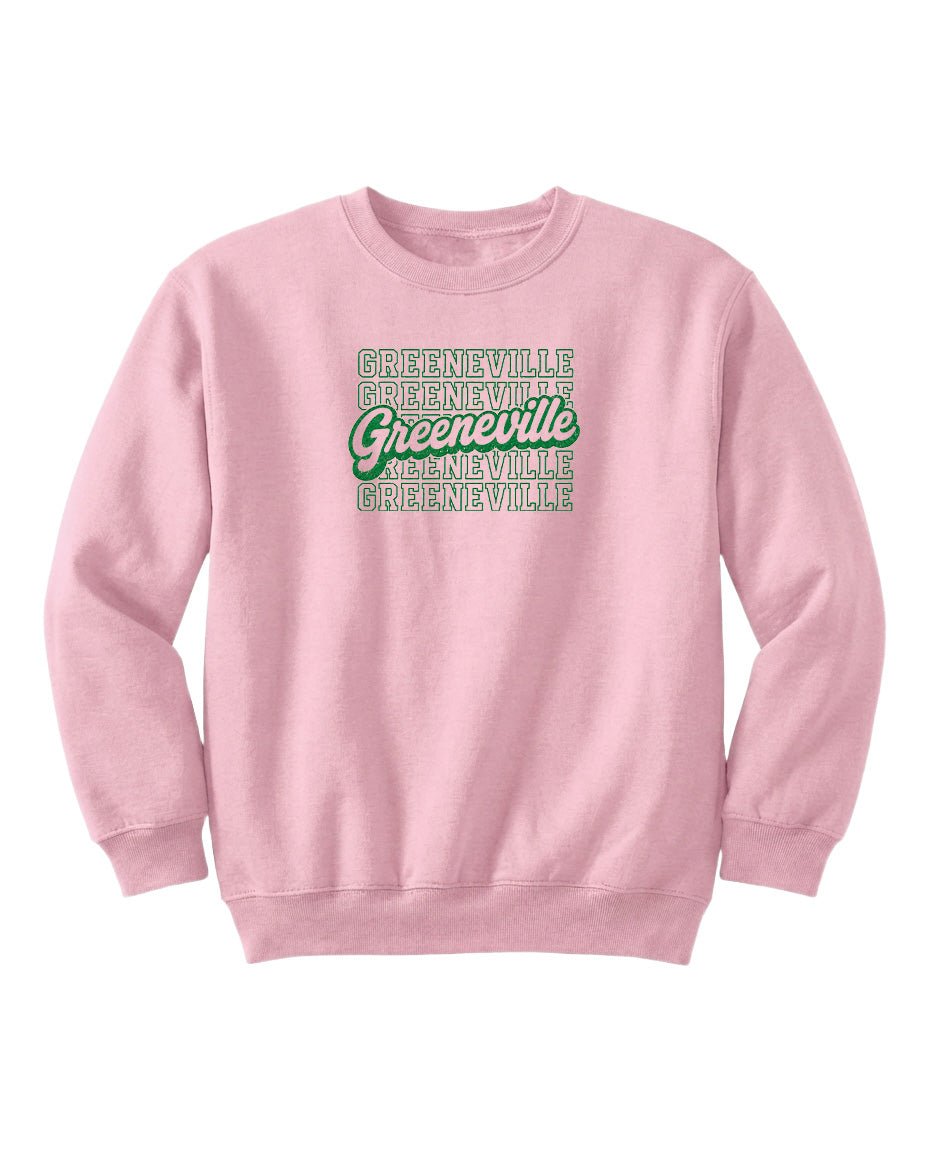 A pink sweatshirt with the text "Greeneville" printed on it in a stylized font.