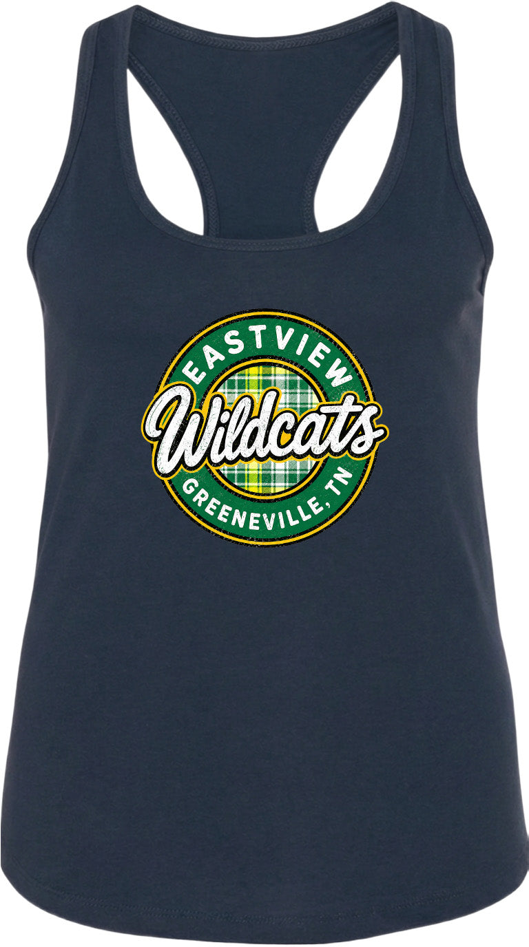 A navy blue tank top with a circular logo that says "EASTVIEW Wildcats Greeneville, TN".