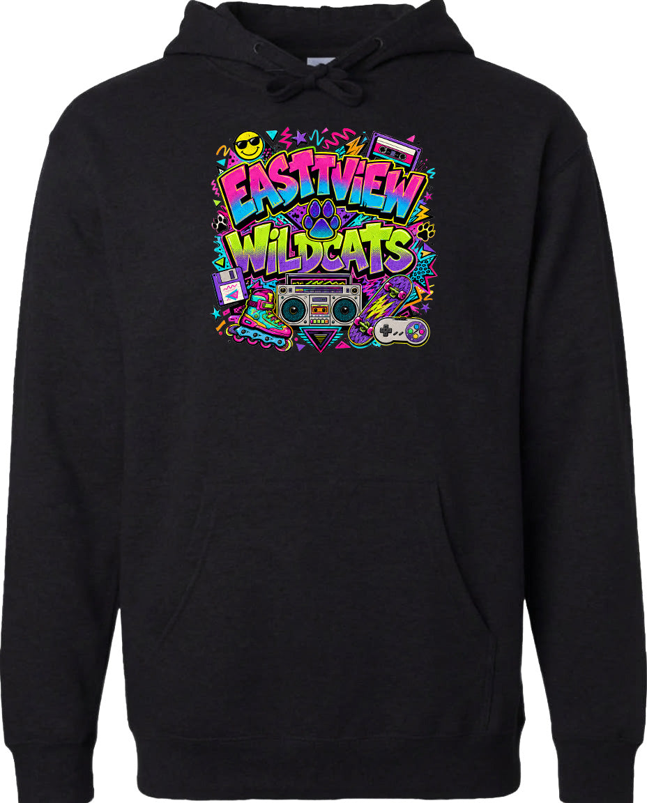 A black hoodie with a colorful graphic design featuring a boombox, sunglasses, and various other elements.