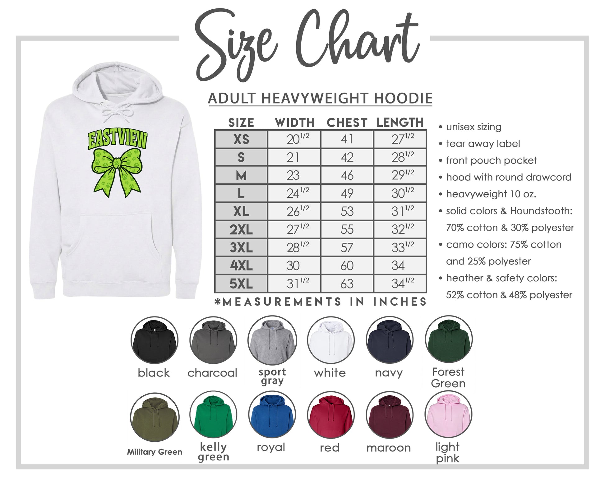 The image is a size chart for an adult heavyweight hoodie, including various color options and measurements in inches.