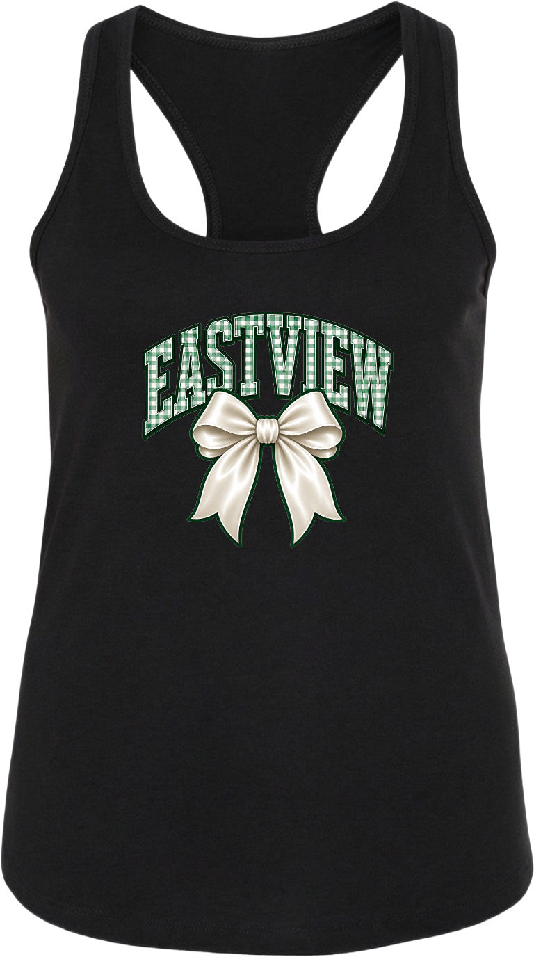 A black tank top with the text "EASTVIEW" and a bow graphic printed on it.