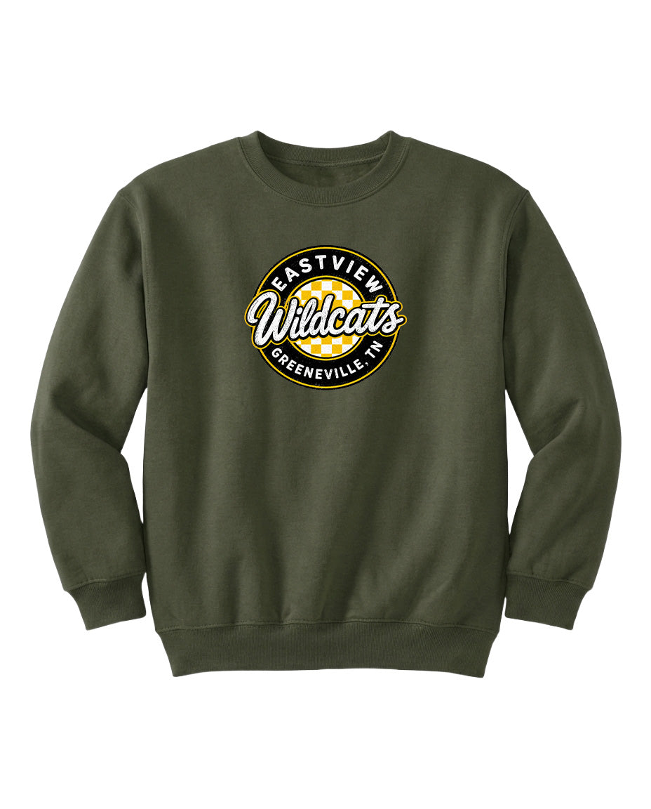 A dark green sweatshirt with a circular logo on the front.