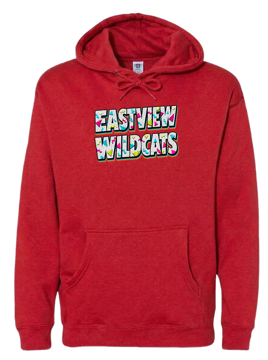A red hoodie with the text "EASTVIEW WILDCATS" printed on it.