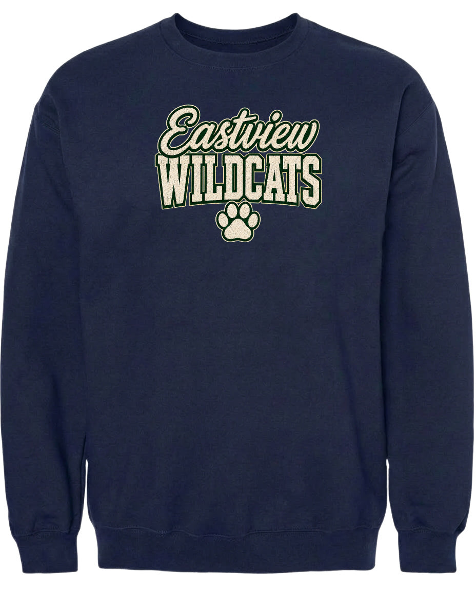 A navy blue sweatshirt with the text "Eastview Wildcats" printed on it.
