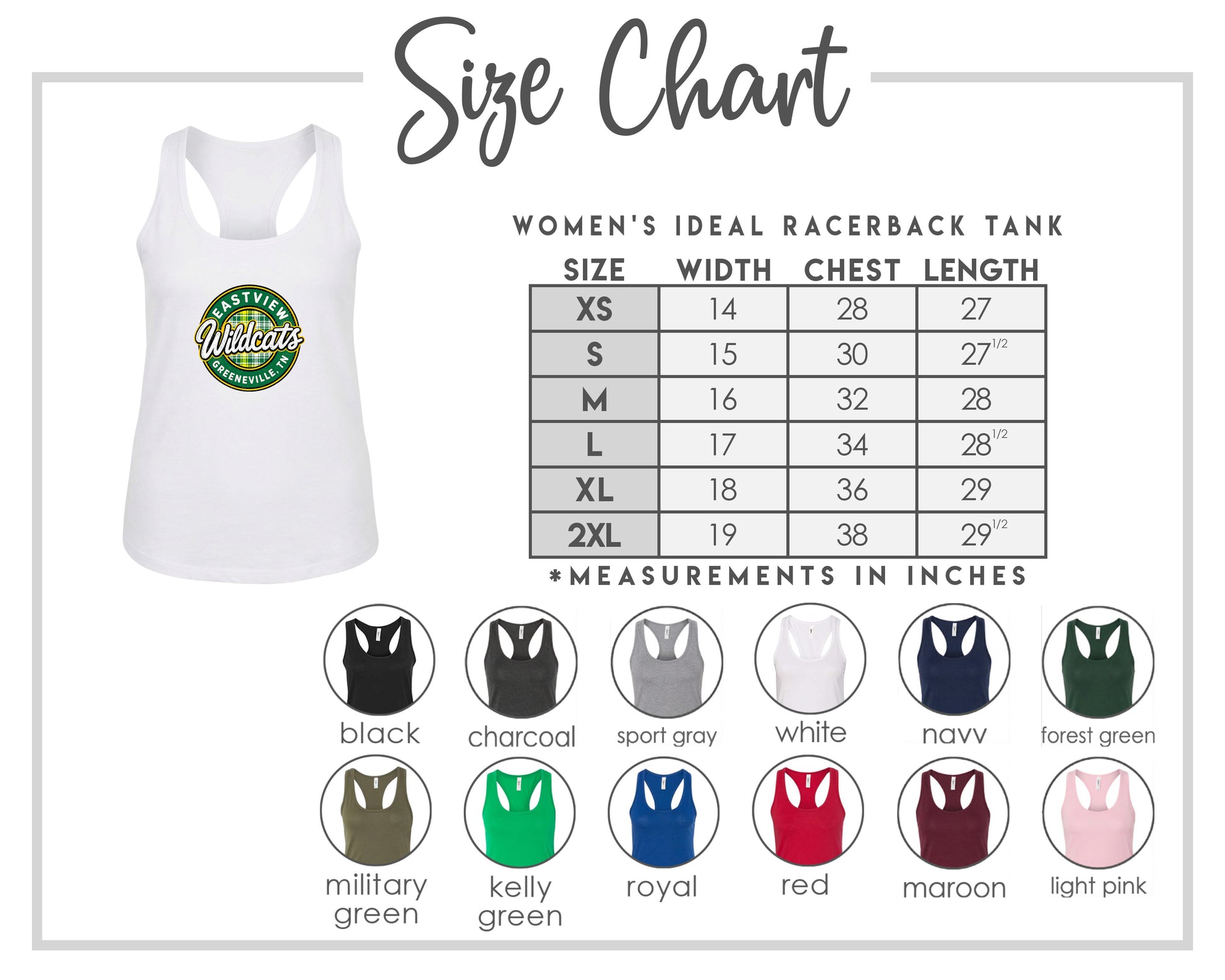 The image is a size chart for a women's ideal racerback tank, including various color options and corresponding chest length measurements.