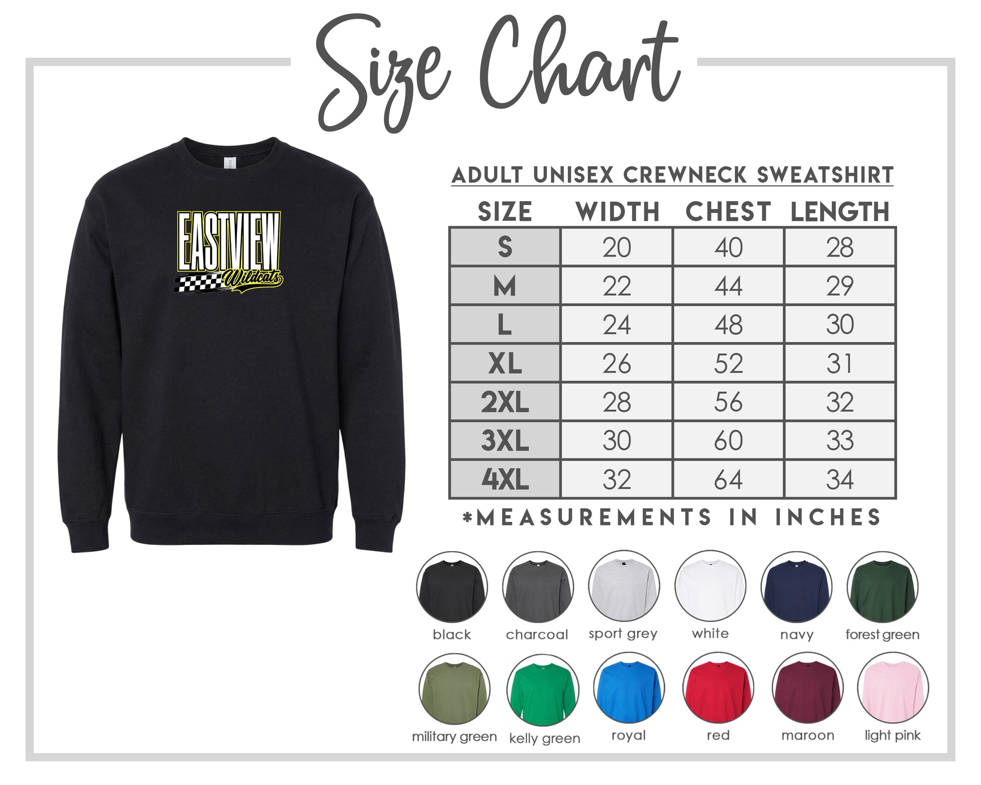 a sweatshirt with measurements for the size chart