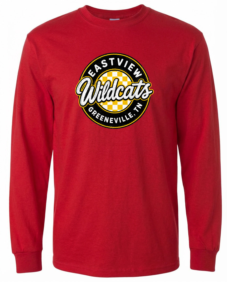 A red long-sleeved t-shirt with a logo that says "EASTVIEW WILDCATS GREENEVILLE TENN".