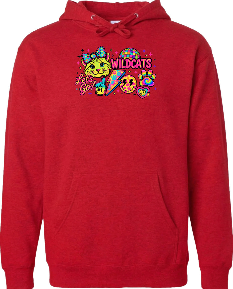 A red hoodie with a graphic design featuring a cartoon cat, a rainbow, and various colorful elements.