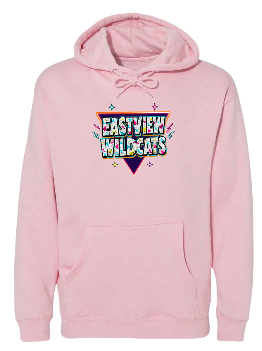A pink hoodie with a graphic design featuring the text "EASTVIEW WILDCATS" in a colorful, retro-style font.