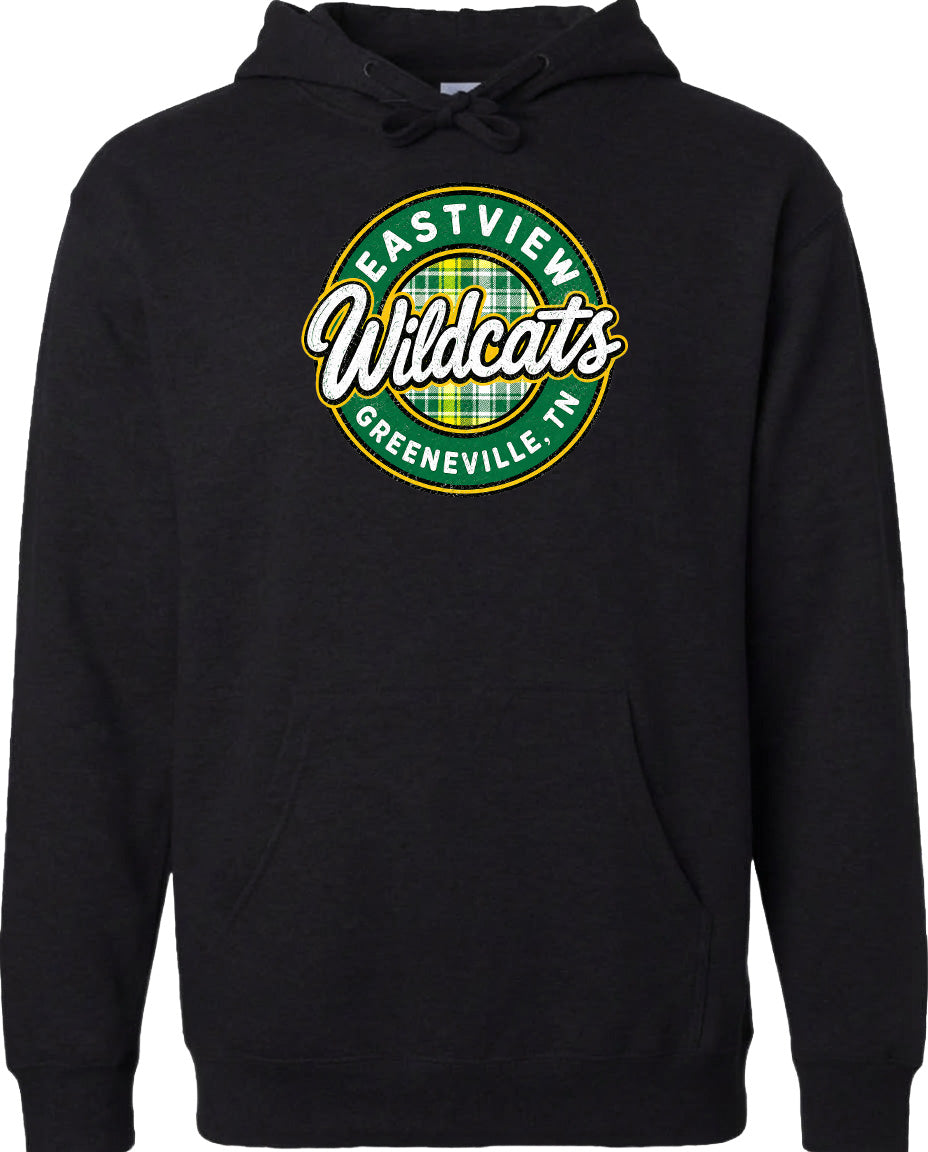 A black hoodie with a logo on the front.