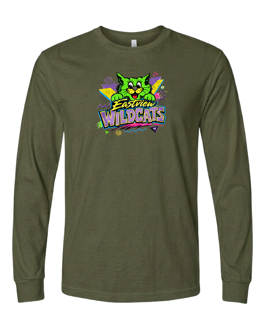 A long-sleeved olive green t-shirt with a colorful graphic design featuring a cartoon cat and the text "Easter Wildcats".