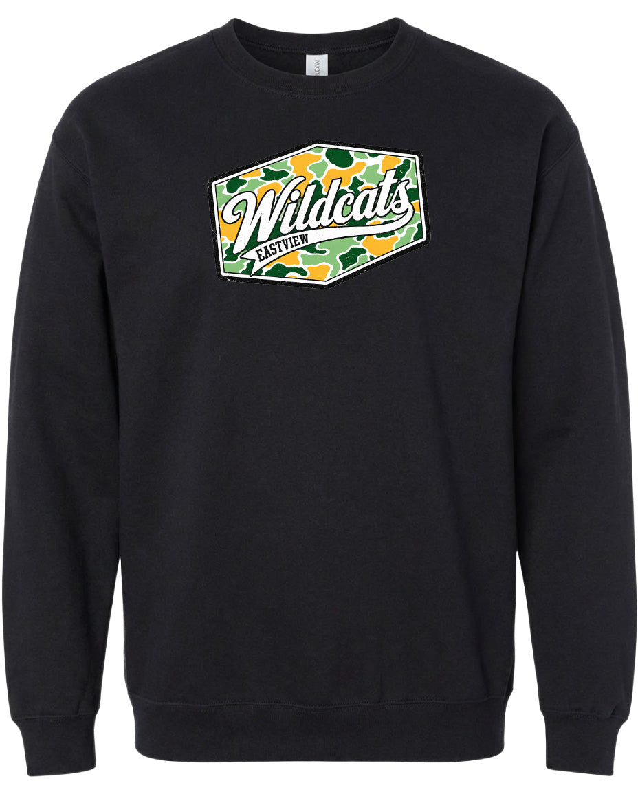 A black sweatshirt with a graphic design on the front.