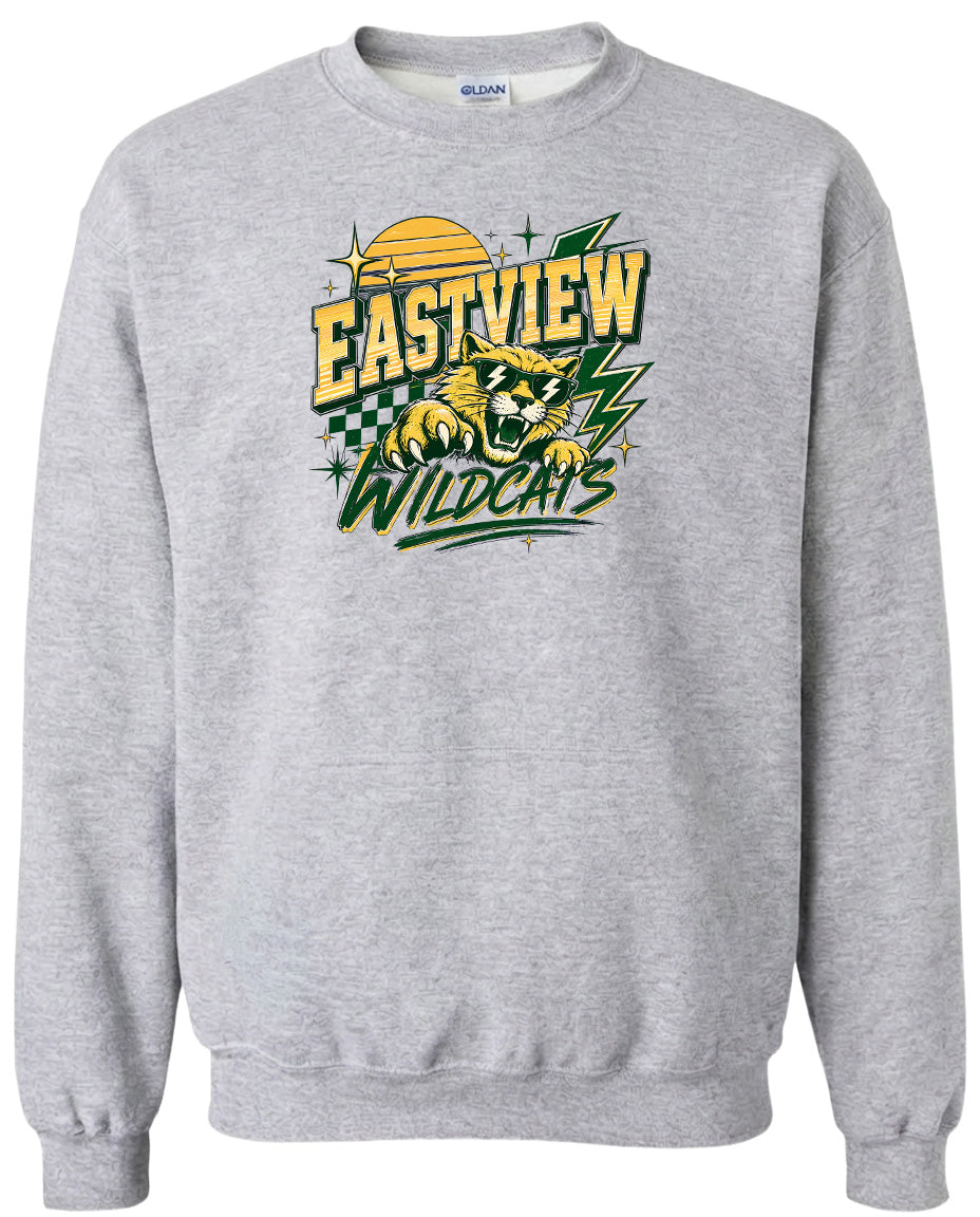 A gray sweatshirt with a graphic design featuring a tiger and the text "EASTVIEW WILDCATS".
