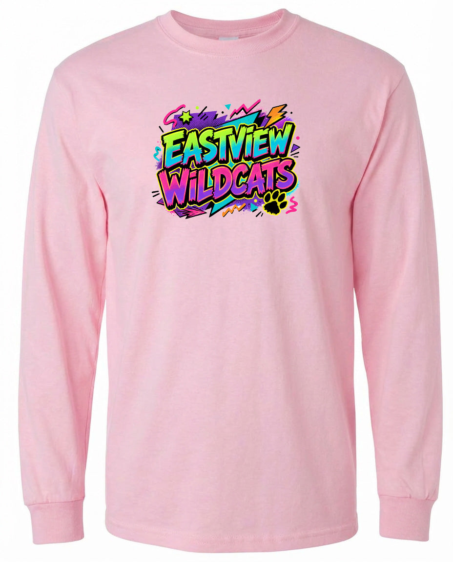 A pink long-sleeved t-shirt with a colorful graphic design featuring the text "EASTVIEW WILDCATS" in a vibrant, stylized font.