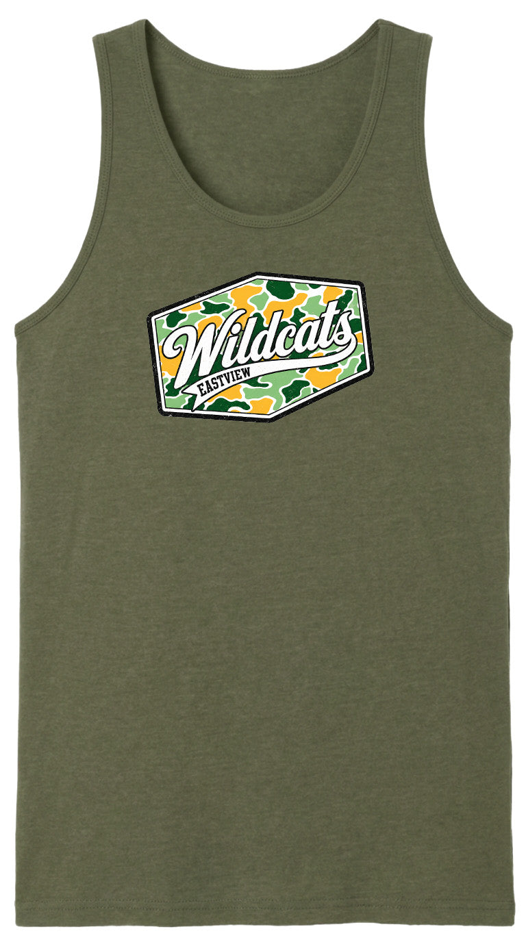 A green tank top with a graphic design featuring the text "Wildcats" and a camouflage pattern.