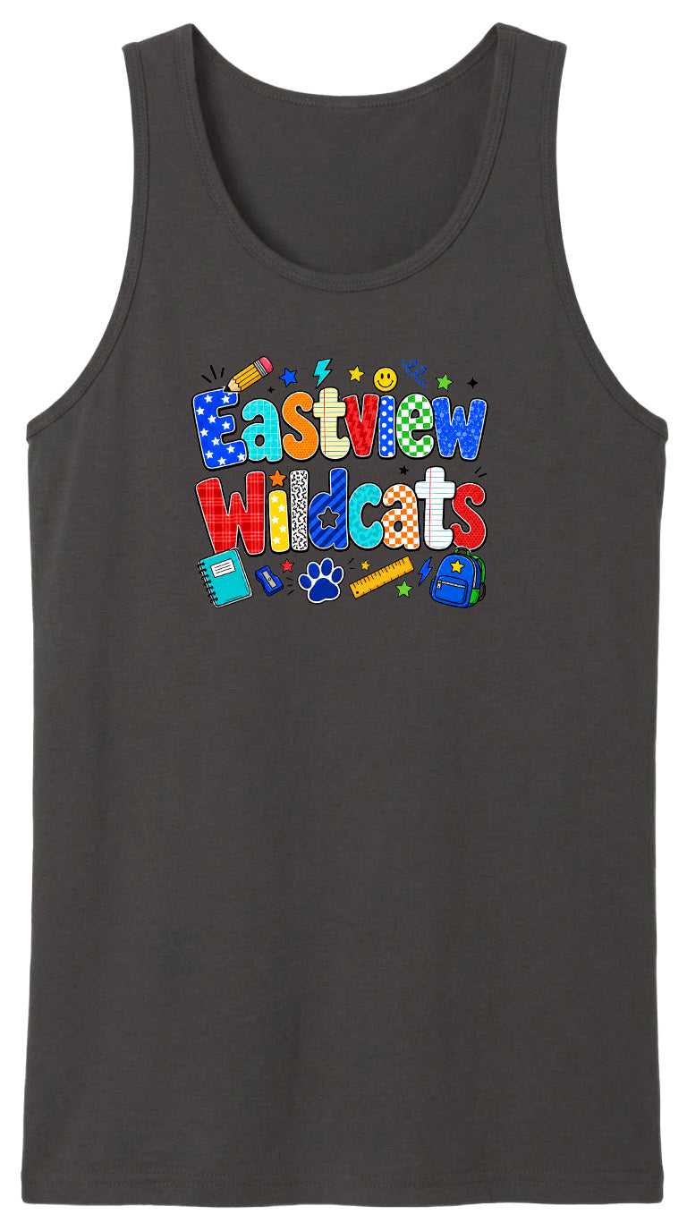 A black tank top with a colorful graphic design featuring the text "Eastview Wildcats" and various school-related icons such as a pencil, backpack, and calculator.
