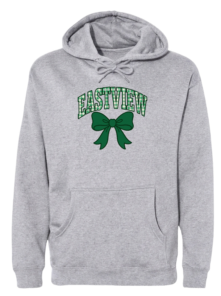 A gray hoodie with a green bow and the word "EASTVIEW" printed on it.