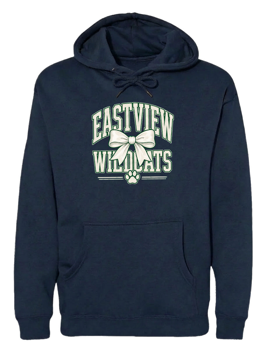A navy blue hoodie with a white graphic design on the front. The design features the text "EASTVIEW WILDCATS" and a white bow.