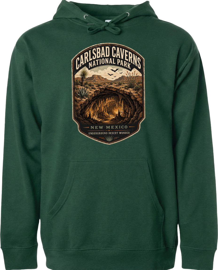 A hoodie with a graphic design depicting the Carlsbad Caverns National Park in New Mexico.