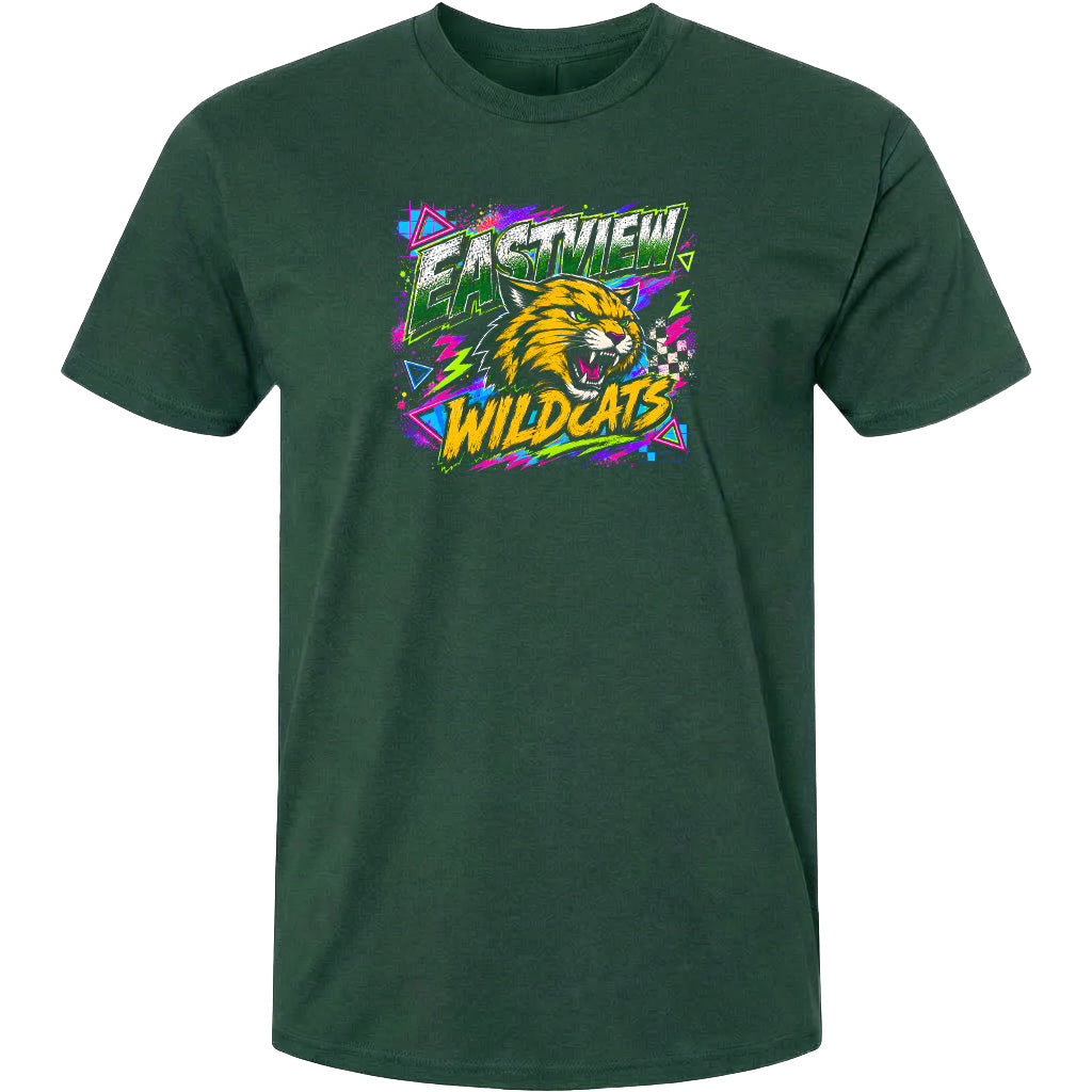 A green t-shirt with a graphic design featuring a cartoon-like wildcat and the text "EASTVIEW WILDCATS" in a colorful, stylized font.