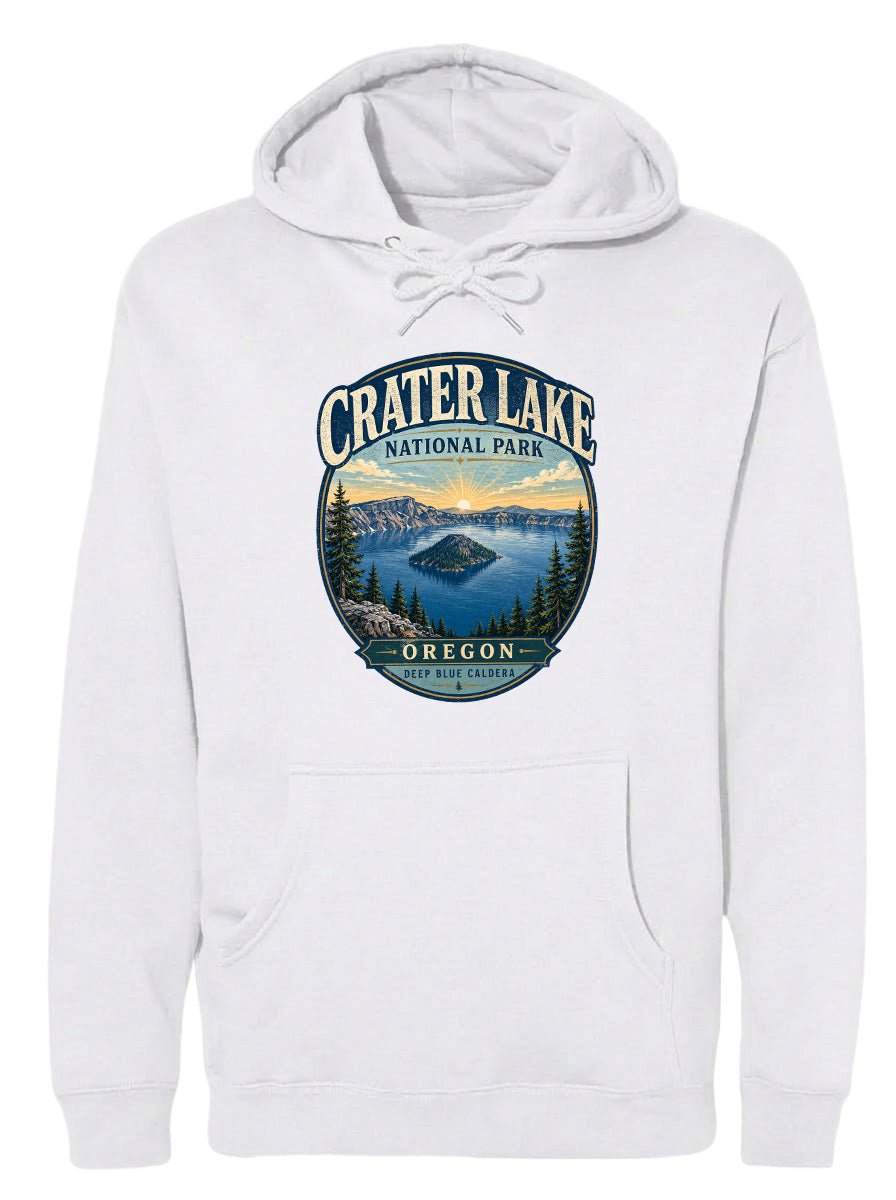 A white hoodie with a graphic design depicting Crater Lake National Park in Oregon.