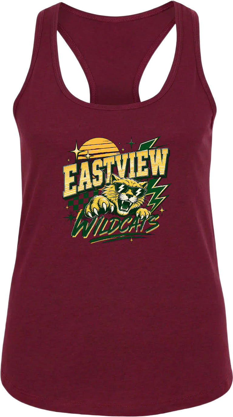 A burgundy tank top with a graphic design featuring a cat and the text "EASTVIEW WILDCATS" printed on it.