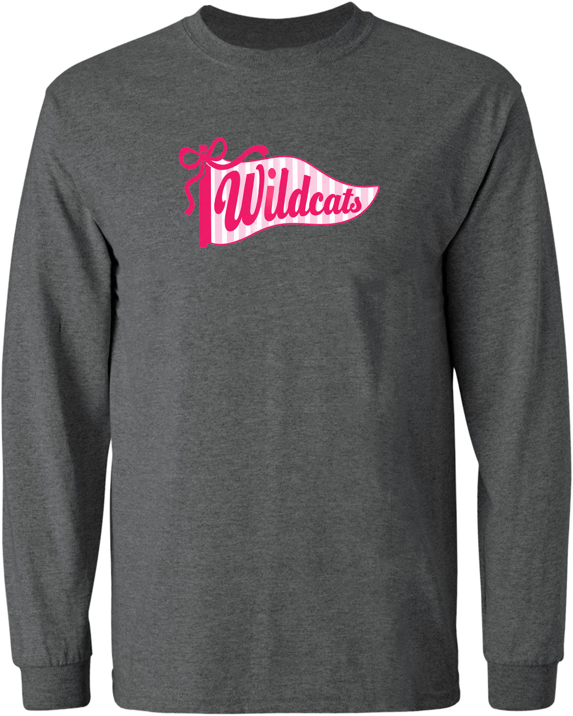 A gray long-sleeved t-shirt with a pink and white graphic design featuring the word "Wildcats" on it.