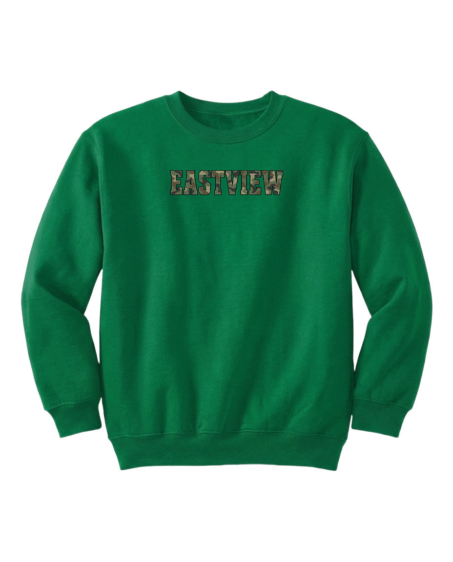 A bright green sweatshirt with the word "EASTVIEW" printed on it.