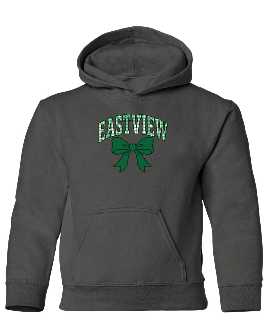 A gray hoodie with a green bow and the word "EASTVIEW" printed on it.