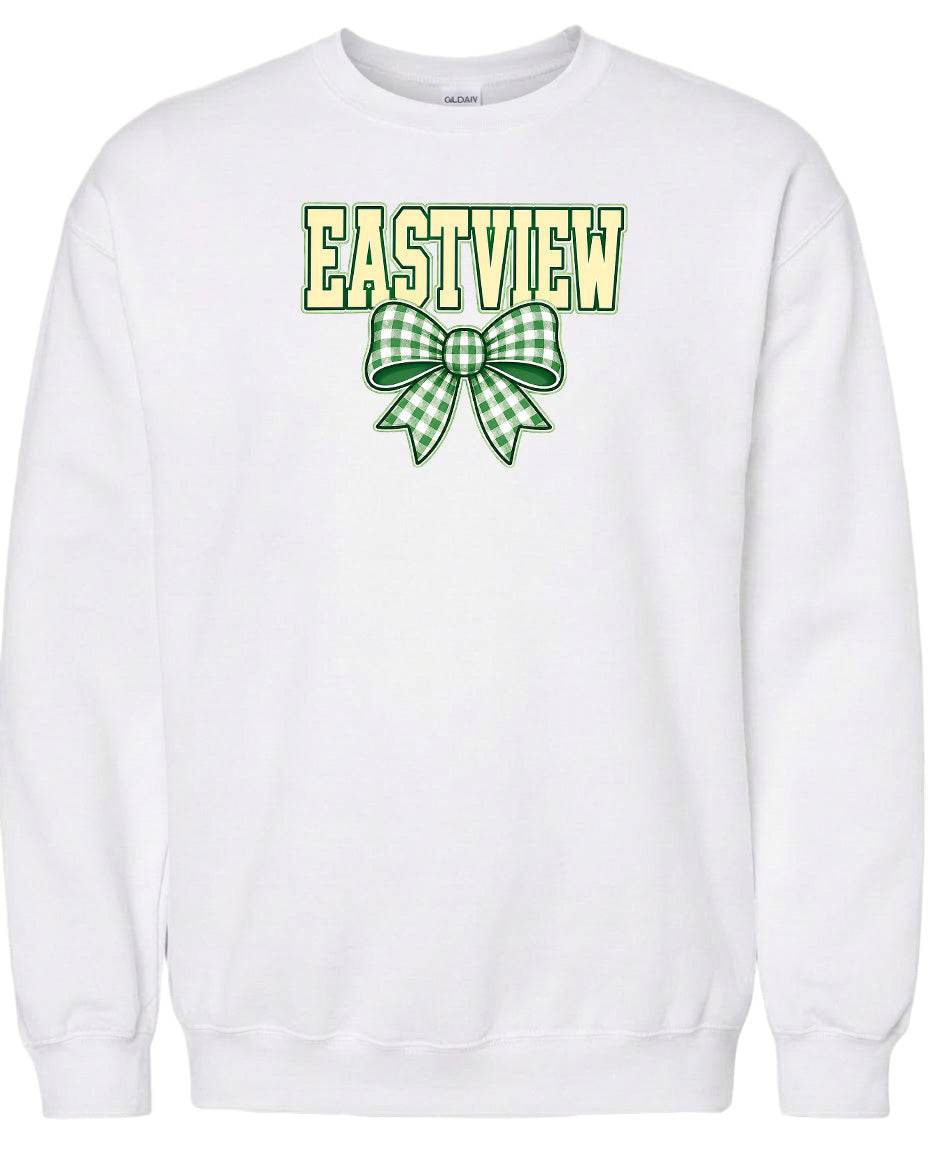 A white sweatshirt with the word "EASTVIEW" and a green and white plaid bow printed on it.