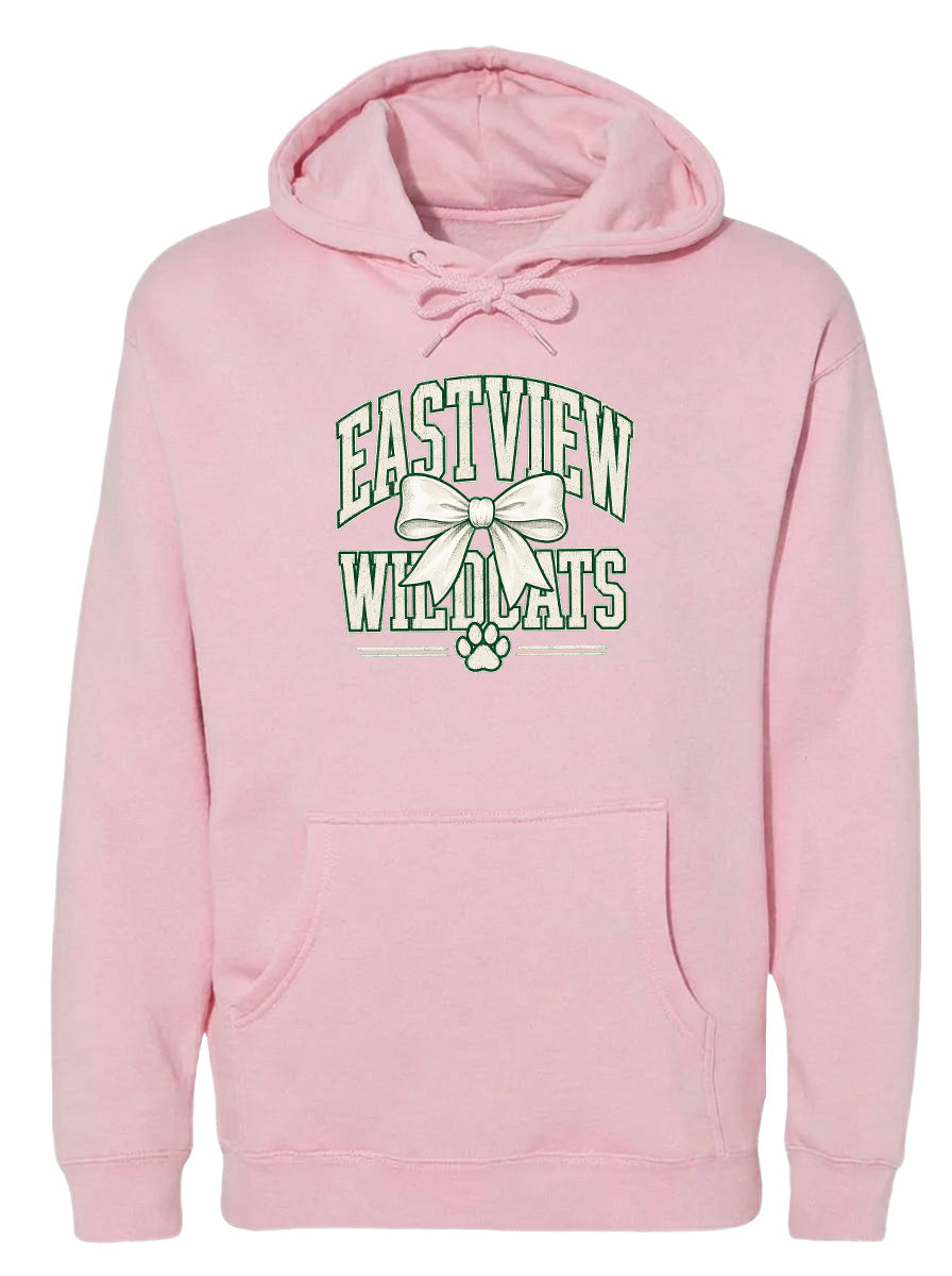 A pink hoodie with a graphic design featuring a bow and the text "EASTVIEW WILDCATS" printed on it.
