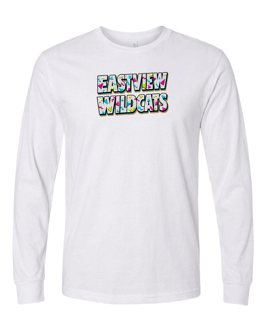 A white long-sleeved t-shirt with the text "EASTVIEW WILDCATS" printed on it in a colorful, stylized font.