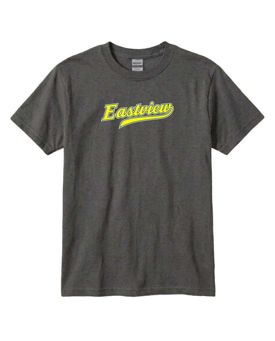 A gray t-shirt with the word "Eastview" printed in yellow on the front.