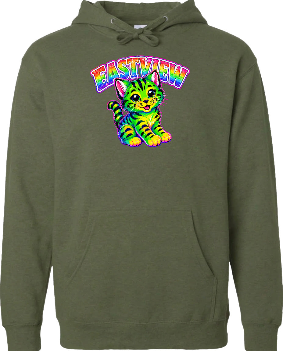 A green hoodie with a colorful graphic of a cat and the text "EASTVIEW" printed on it.
