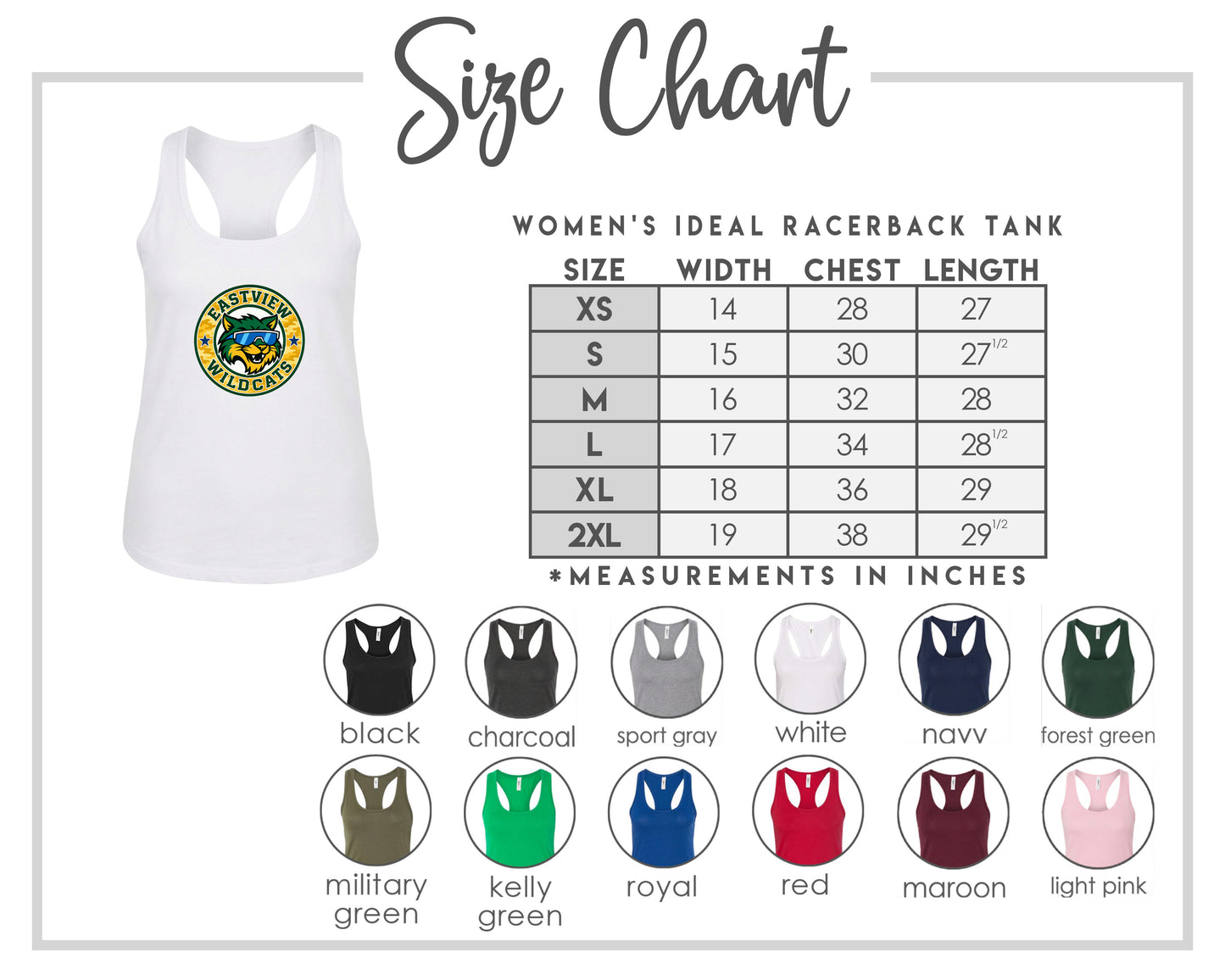 The image is a size chart for a women's ideal racerback tank, including a white tank with a logo and a table with different color options and corresponding chest measurements.